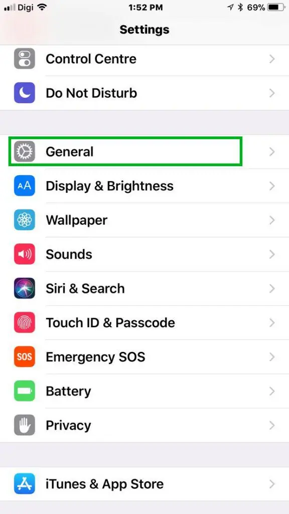 iPhone Settings list with the General row highlighted