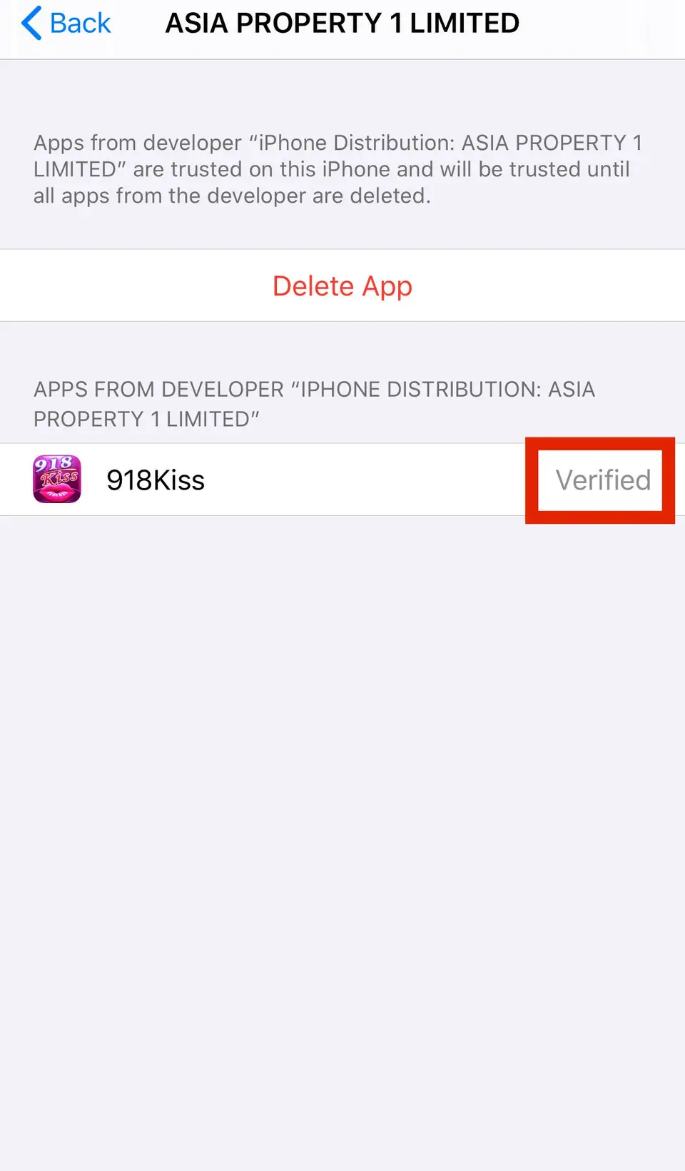 Device Management screen for the enterprise developer showing 918Kiss marked Verified and a red Delete App button