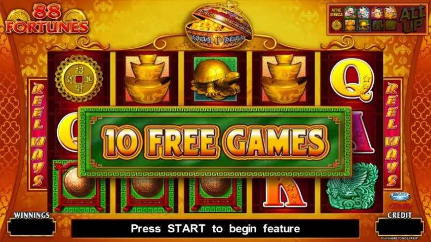 88 Fortunes slot showing a 10 FREE GAMES banner over the reels, Reel Ways panels on both sides and Press START to begin feature at the bottom