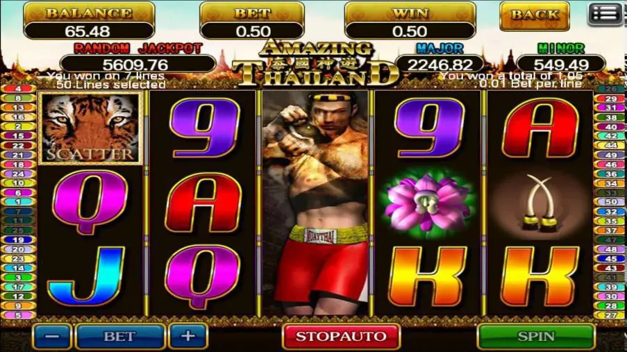 Amazing Thailand slot with a Muay Thai fighter on the middle reel, a tiger scatter, 50 lines selected at 0.01 per line and RANDOM, MAJOR and MINOR jackpot boxes