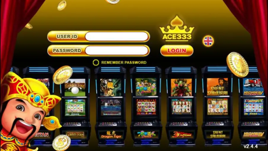 ACE333 login screen with User ID and Password fields, a LOGIN button, a remember password option and a row of slot cabinets including Golden Tour, Dragon Tiger, Silent Samurai and Highway