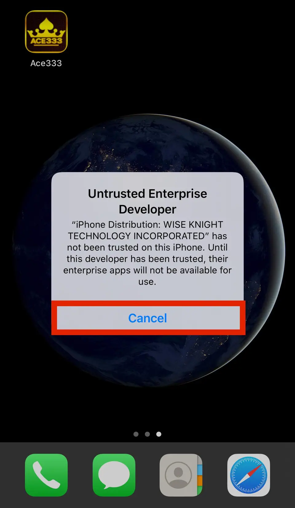 Untrusted Enterprise Developer pop-up on an iPhone with the ACE333 icon above it and Cancel highlighted