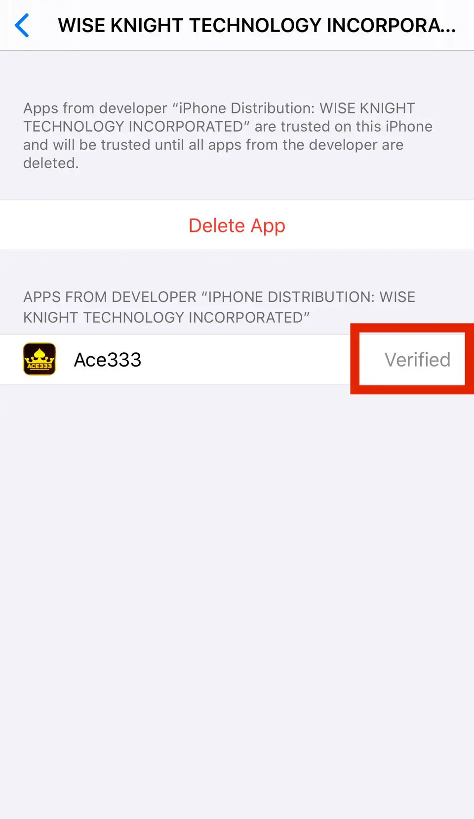 Device Management screen with the ACE333 app listed as Verified and a Delete App button