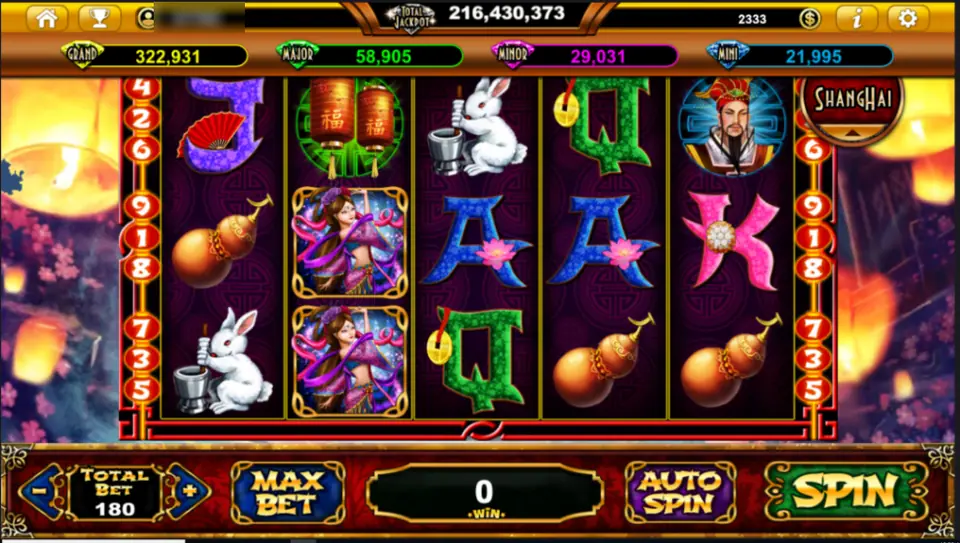 Live22 slot with lanterns, a moon rabbit with a mortar, gourds, a fan and a woman in a pink robe, and a Total Bet of 180