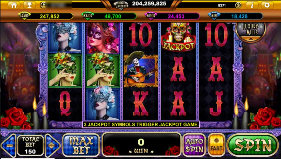 Live22 slot with masked women, a skeleton guitarist and a sugar-skull Jackpot symbol, with a line saying 3 jackpot symbols trigger jackpot game