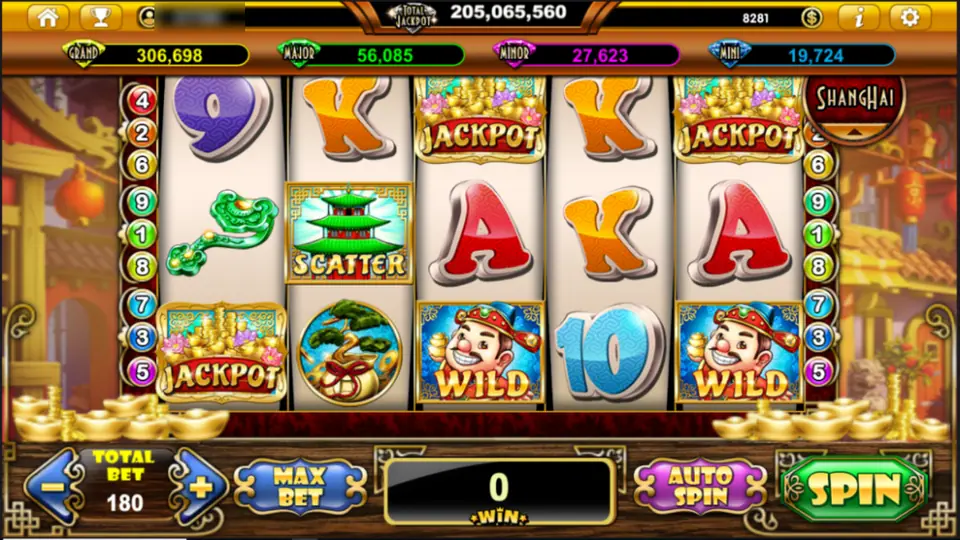 Live22 slot with a smiling god of wealth Wild, a pagoda Scatter and gold Jackpot symbols on a street background with gold ingots