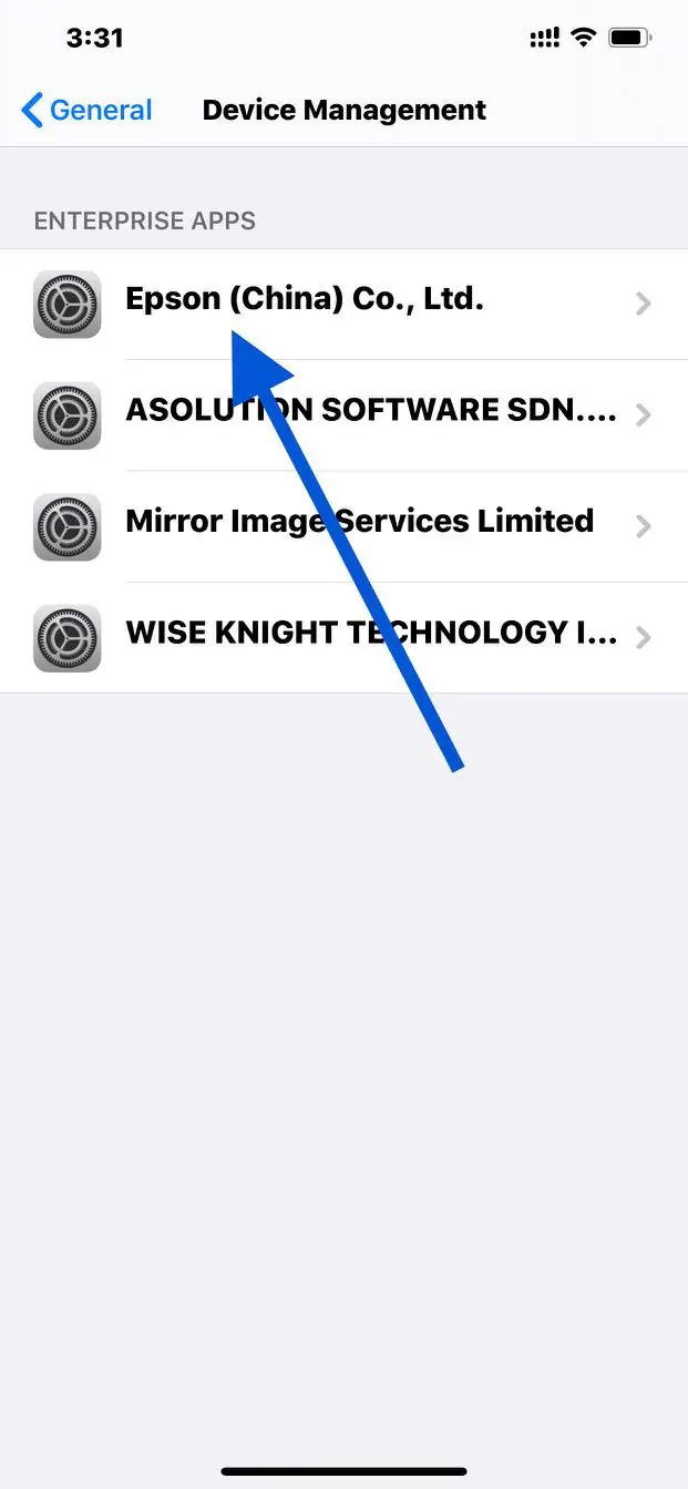Device Management list showing four enterprise app certificates from different companies