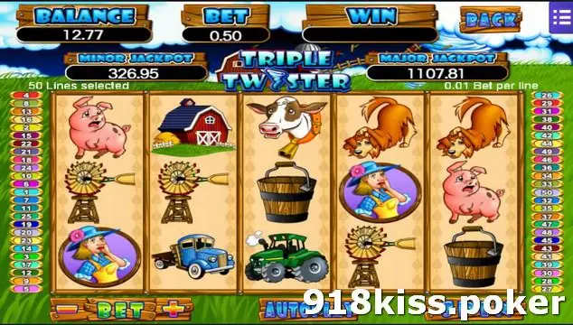 Triple Twister slot with farm symbols, 50 lines selected, a 0.01 bet per line, and MINOR and MAJOR jackpot boxes above the reels