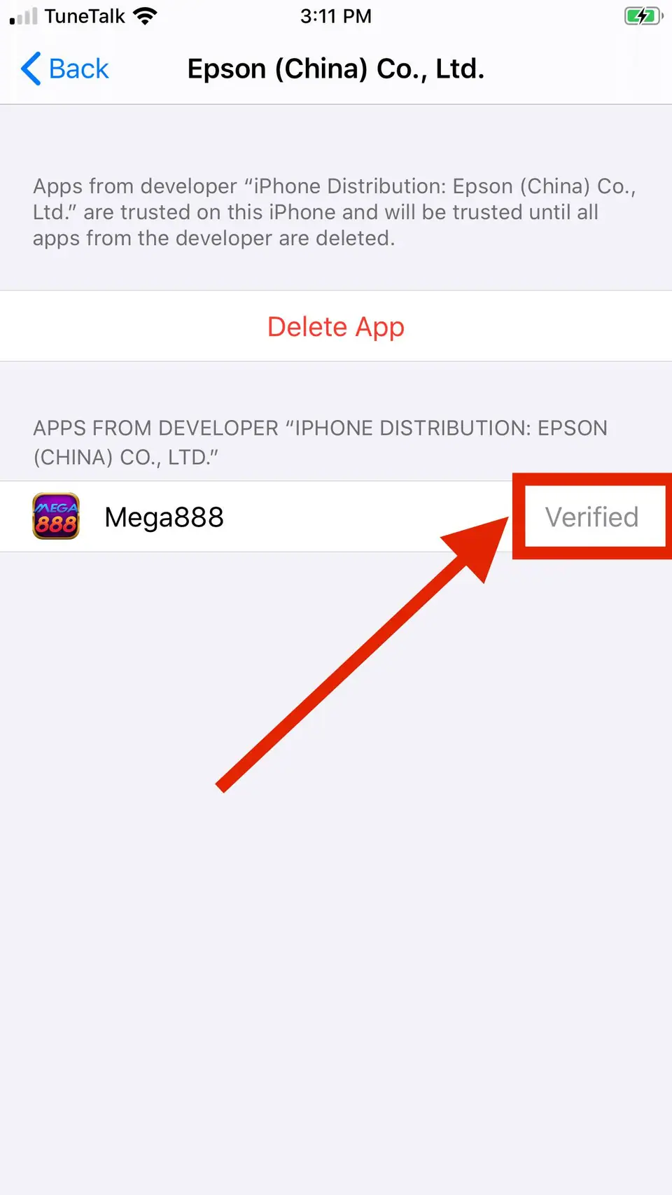 Device Management screen after trusting the certificate, with the Mega888 app marked Verified and an arrow pointing to it