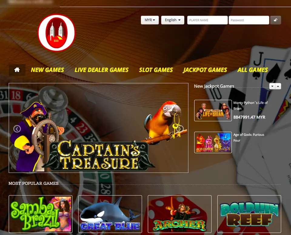 NTC33 web lobby with MYR and English menus, a player name and password login, tabs for New Games, Live Dealer Games, Slot Games, Jackpot Games and All Games, a Captain's Treasure banner and Most Popular tiles