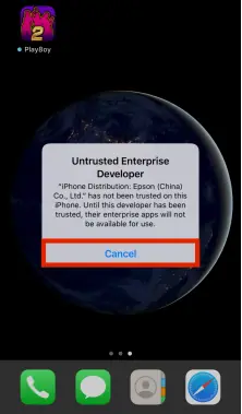 Untrusted Enterprise Developer message on the iPhone with the Cancel button highlighted