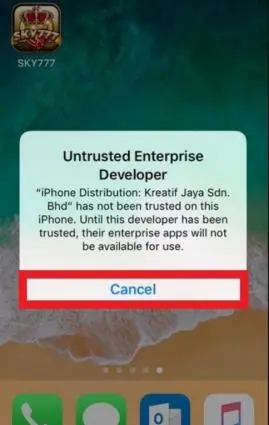 iPhone showing an Untrusted Enterprise Developer message over the SKY777 icon, with Cancel highlighted