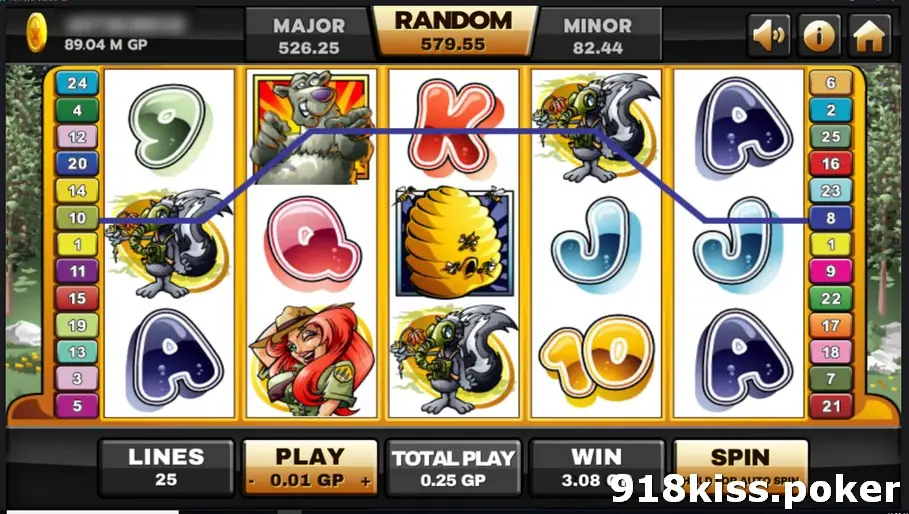 Bonus Bears on Joker123 with a grey bear, skunks, a beehive and a red-haired park ranger on five reels, a winning line drawn across and the bet panel set to 25 lines
