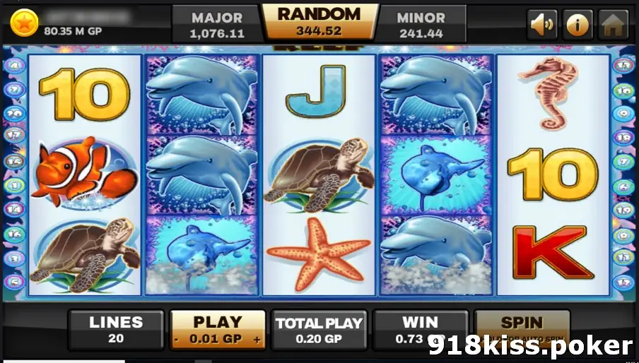 Dolphin Reef base game with several dolphins stacked on reels two and four, a turtle, a clownfish and a starfish