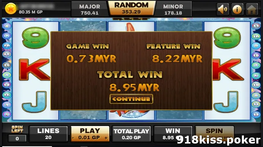 Dolphin Reef end-of-feature panel listing Game Win, Feature Win and Total Win in MYR with a Continue button