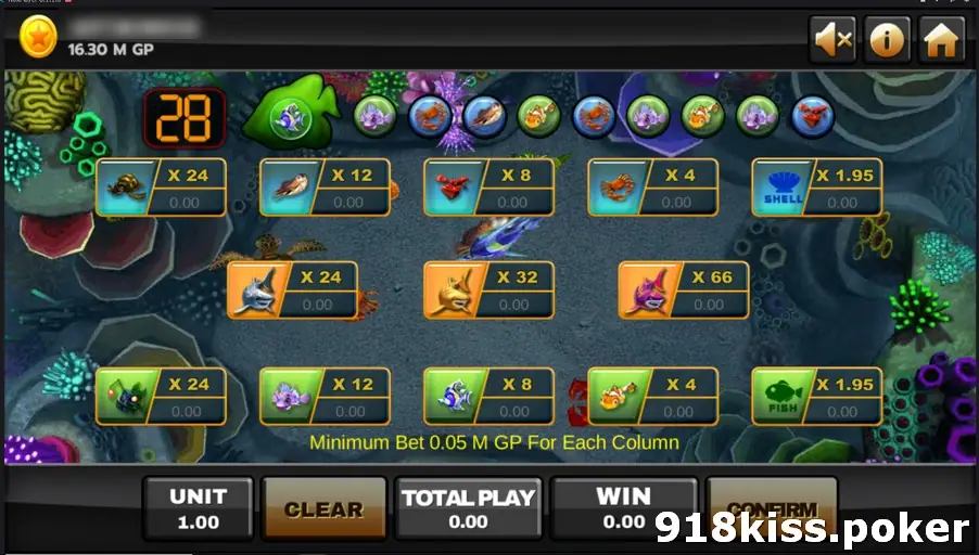 Golden Shark betting board on Joker123 with a countdown at 28, a row of recent results and boxes for shellfish, sharks and fish marked X24 down to X1.95