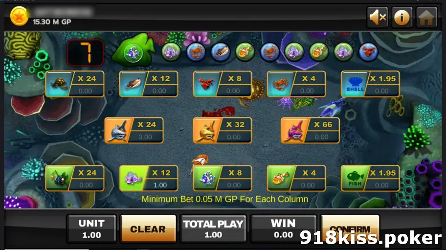 Golden Shark board with the countdown at 7 and a stake of 1.00 placed on the X12 fish box