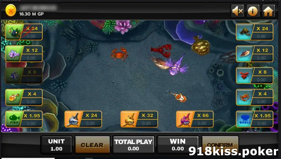 Golden Shark boxes moved to the screen edges while crabs, a lobster, a turtle and a lionfish cross the reef floor