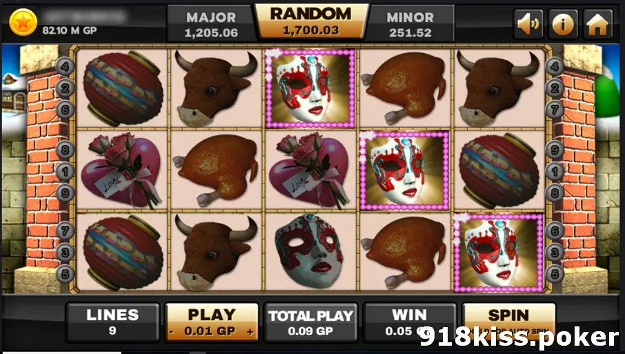 Happy Party with three masks framed in pink across different reels and a small win in the WIN box