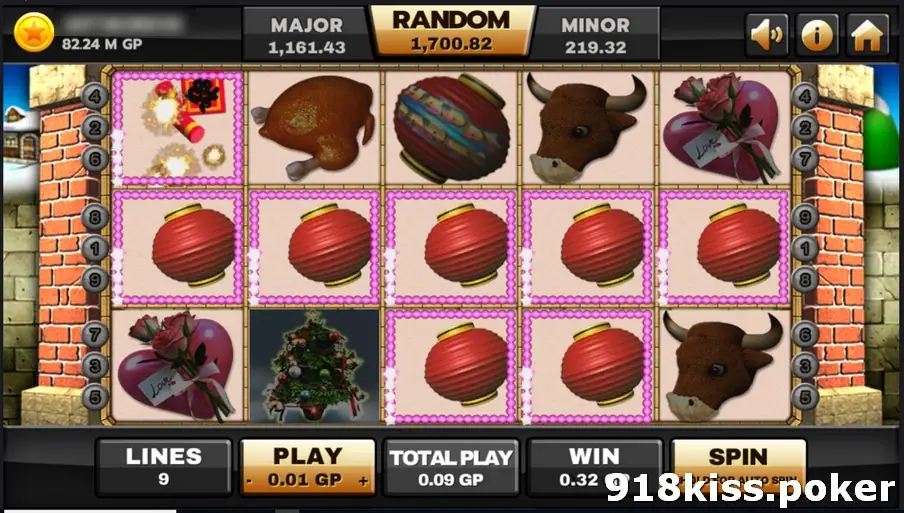 Happy Party on Joker123 with a full middle row of red lanterns highlighted, plus a roast chicken, a bull head, firecrackers and a Christmas tree on the reels