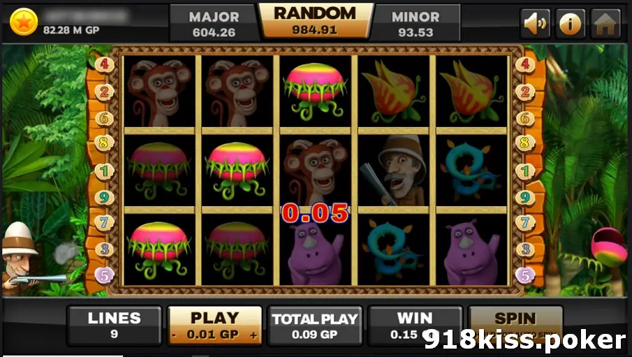Huga reels with two monkeys and two carnivorous plants on the left, the hunter in the middle and a 0.05 win amount floating over reel three