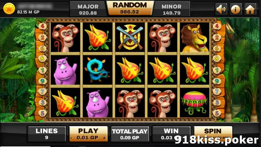 Huga on Joker123 with a row of orange flower symbols, monkeys, a purple rhino, a crossed-rifles shield and a lion on five dark reels framed by jungle leaves
