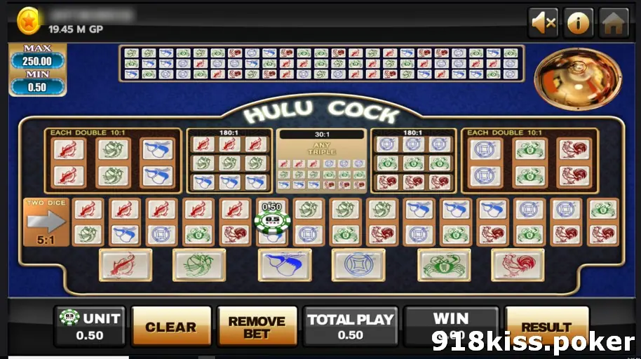 Hulu Cock betting board on Joker123 with picture dice combinations, a 0.50 chip placed on a two-dice box, MAX 250 and MIN 0.50 limits and a result history strip