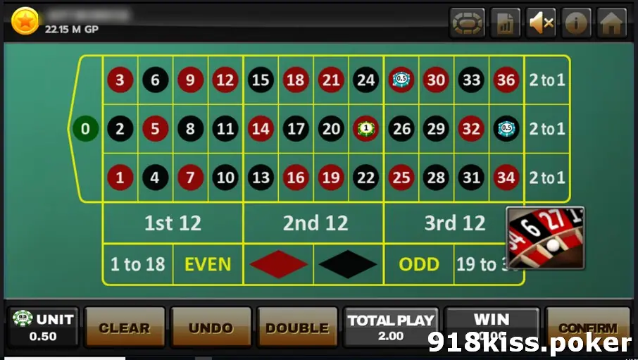 Lucky Roulette layout with three chips placed on single numbers, a small wheel preview in the corner and total play at 2.00