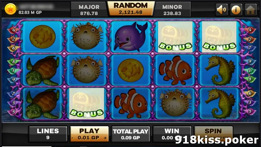 Ocean Paradise reels on Joker123 with three faded treasure chests marked BONUS, a purple dolphin, puffer fish, clownfish, sea turtles and seahorses