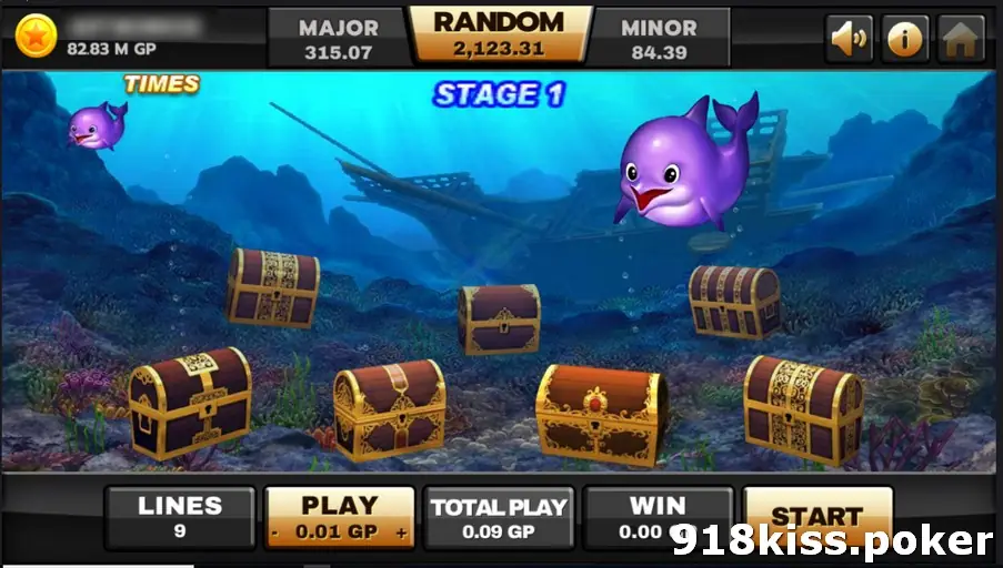 Ocean Paradise Stage 1 bonus screen with eight closed treasure chests on the seabed in front of a sunken ship and a purple dolphin