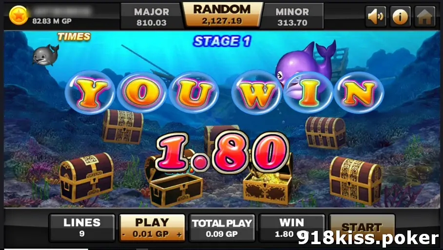 Ocean Paradise bonus screen with bubbles spelling YOU WIN and a figure of 1.80 over an opened chest full of gold