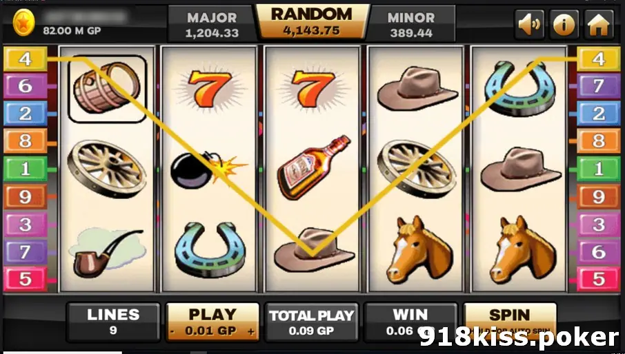 Silver Bullet on Joker123 with a barrel, wagon wheel, pipe, sevens, a bomb, a whisky bottle, cowboy hats, horseshoes and horse heads, and a yellow V-shaped winning line