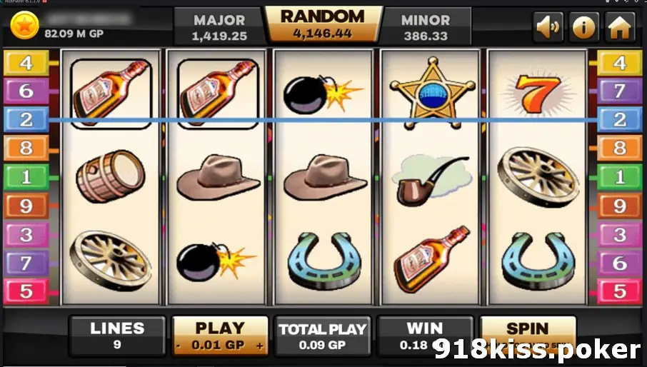 Silver Bullet with a straight blue line across the top row linking two whisky bottles on reels one and two