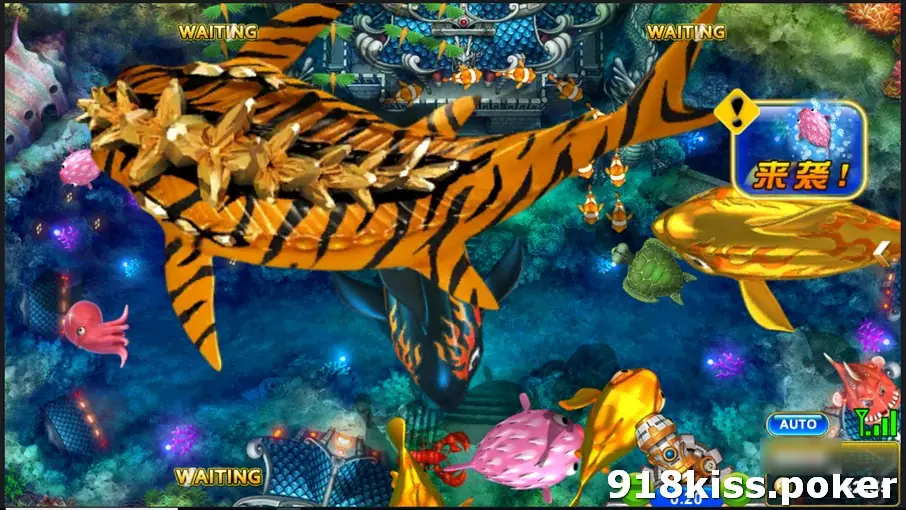 A huge tiger-striped shark with spiked back fins filling the Super EX table, with a golden fish, a black orca and small fish around it