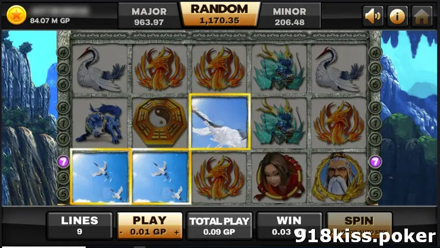 Thun ten GOD with three crane symbols turned into sky scenes of flying cranes on reels one to three, outlined in gold