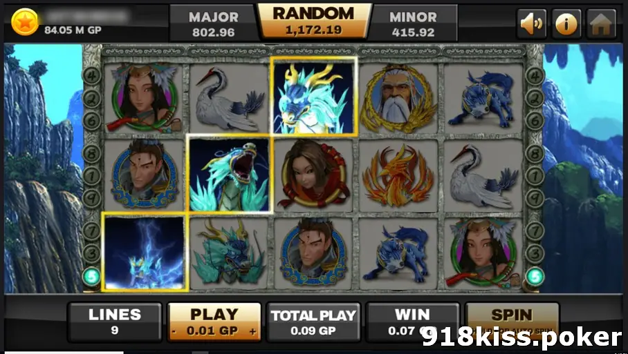 Thun ten GOD with a winning line of dragon symbols animated in ice blue and lightning across reels one to three
