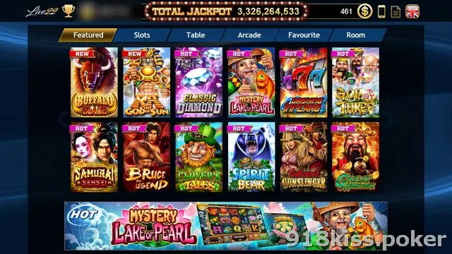 Live22 lobby on the Featured tab with slot tiles such as Buffalo Blaze, Classic Diamond, Mystery Lake of Pearl and Spirit Bear, and a total jackpot counter at the top