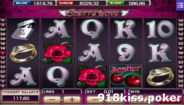 Cherry Love reels with a silver lighter, two red roses, gold rings and a cherries Scatter symbol on reel four
