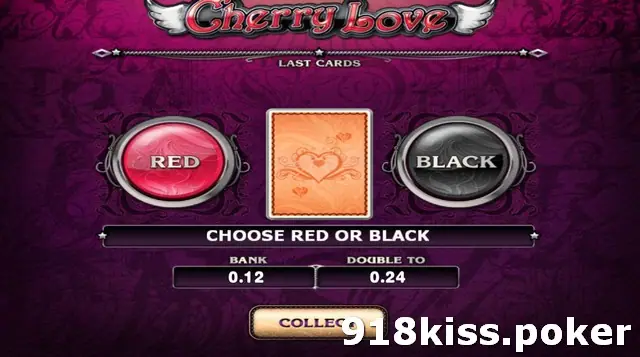 Cherry Love gamble screen with RED and BLACK buttons, a face-down card, BANK 0.12 and DOUBLE TO 0.24