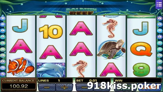 Dolphin Reef reels at 1 line and 0.01 bet with a clownfish, dolphin, seahorse and turtle among letter symbols