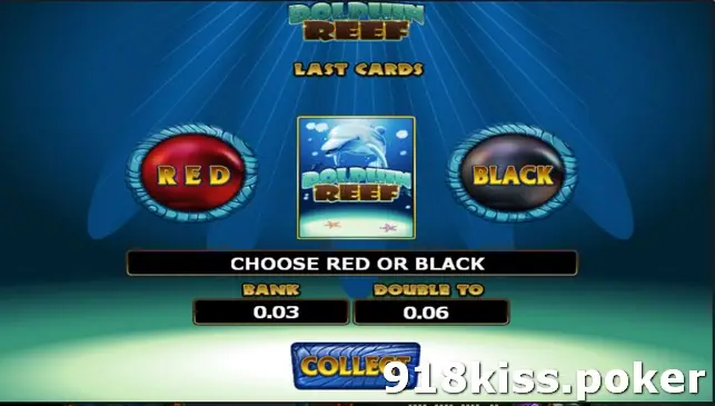 Dolphin Reef gamble screen with RED and BLACK buttons around a card, BANK 0.03 and DOUBLE TO 0.06