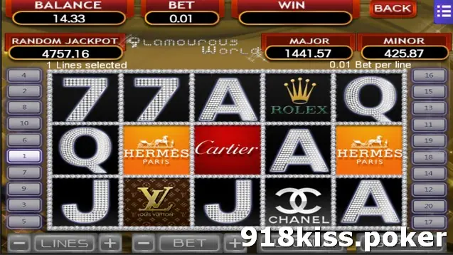 Glamourous World slot on Mega888 with diamond-studded 7, A, Q and J symbols, coloured luxury label tiles, and Random Jackpot, Major and Minor boxes above the reels