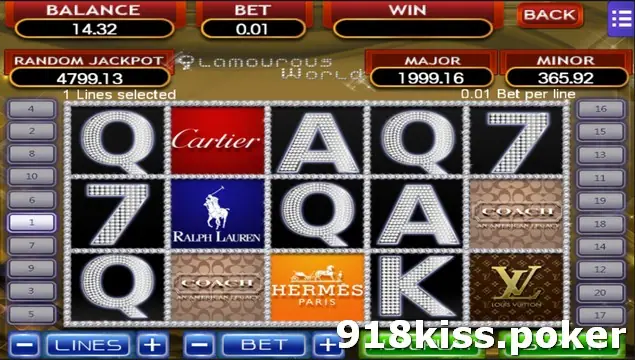 Glamourous World reels with rhinestone Q, A and 7 symbols among luxury label tiles, with line buttons numbered down both sides
