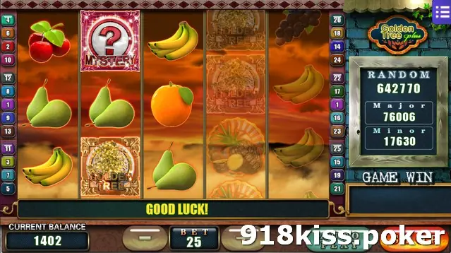 Golden Tree Plus reels with a Mystery tile on reel two, faded Golden Tree symbols on reel four and GOOD LUCK in the message bar