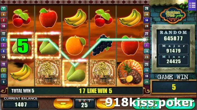 Golden Tree Plus on Mega888 with a winning line through three pears, a green 5 on reel one and TOTAL WIN 5 and 17 LINE WIN 5 in the message bar