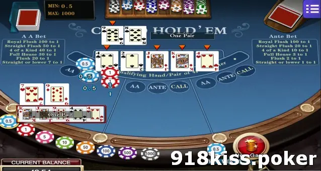 Casino Hold'em showdown with both hands labelled One Pair and five community cards on the table