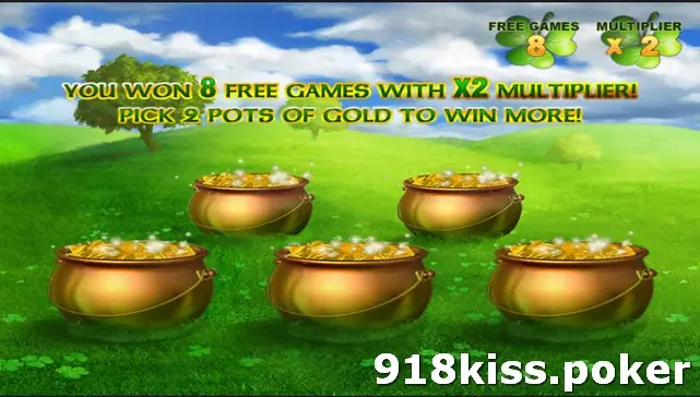 Irish Luck bonus screen on a green hillside with five pots of gold and the message: You won 8 free games with x2 multiplier, pick 2 pots of gold to win more