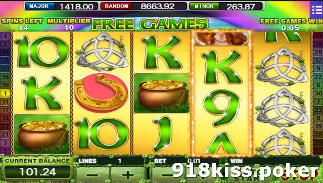 Irish Luck free games with SPINS LEFT 14, MULTIPLIER 10 and FREE GAMES WIN 0.05 above the reels