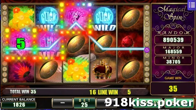 Magical Spin with a lit winning line crossing Click Wild tiles and coins, a green 5 on reel one, TOTAL WIN 35 and 16 LINE WIN 5