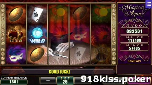 Magical Spin reels with a Magic Wild on reel two, a crown, a mask, a coin and the magician's gloved hand holding a wand, with GOOD LUCK in the message bar